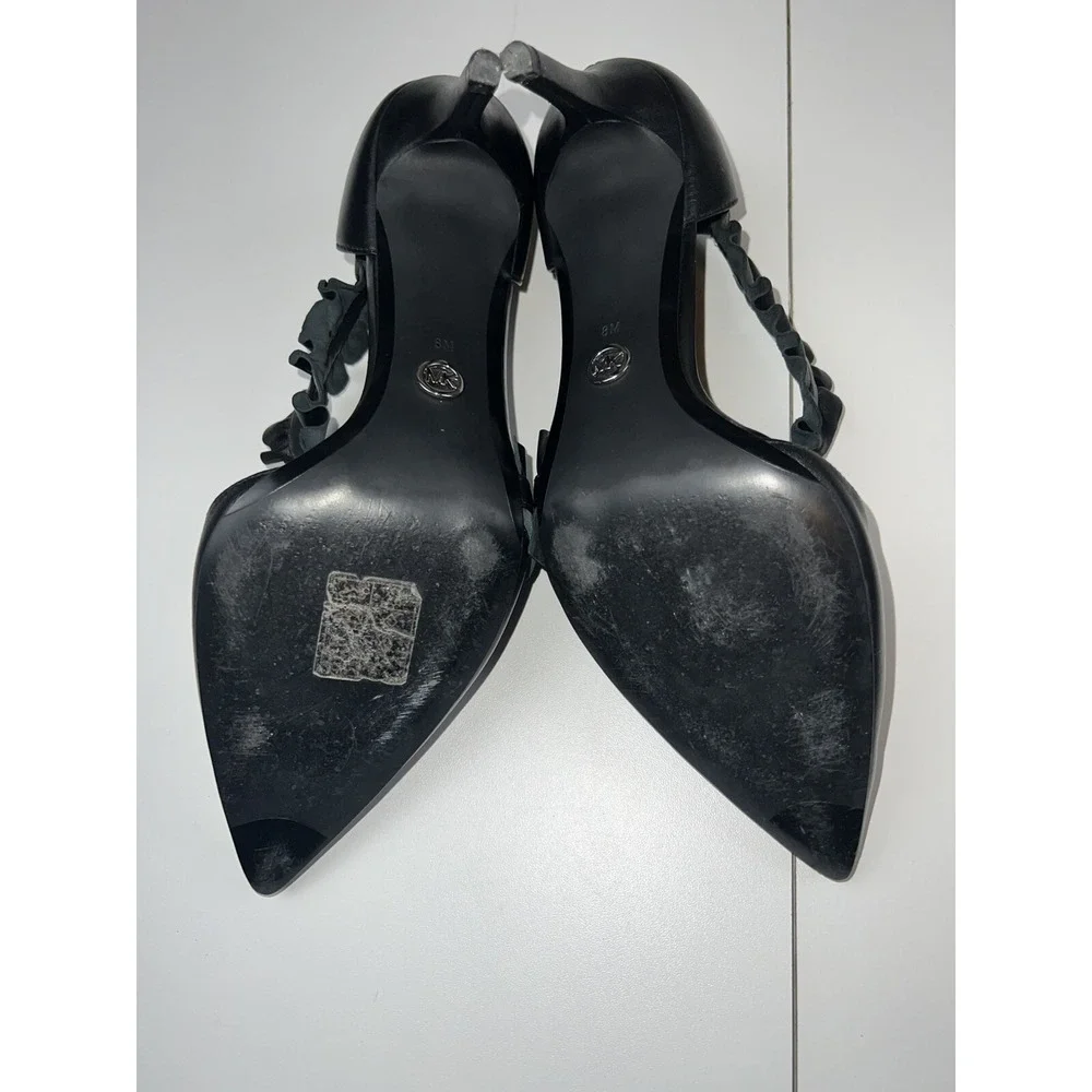 Michael Kors Bella Pump Black Leather Open Ruffle Pointed Toe Dress 8